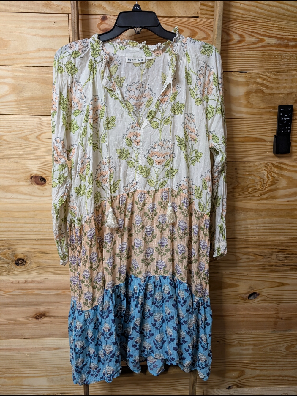 Roller Rabbit Floral Patchwork Midi Dress in White, Blue, Green, Tan - Picture 2 of 4